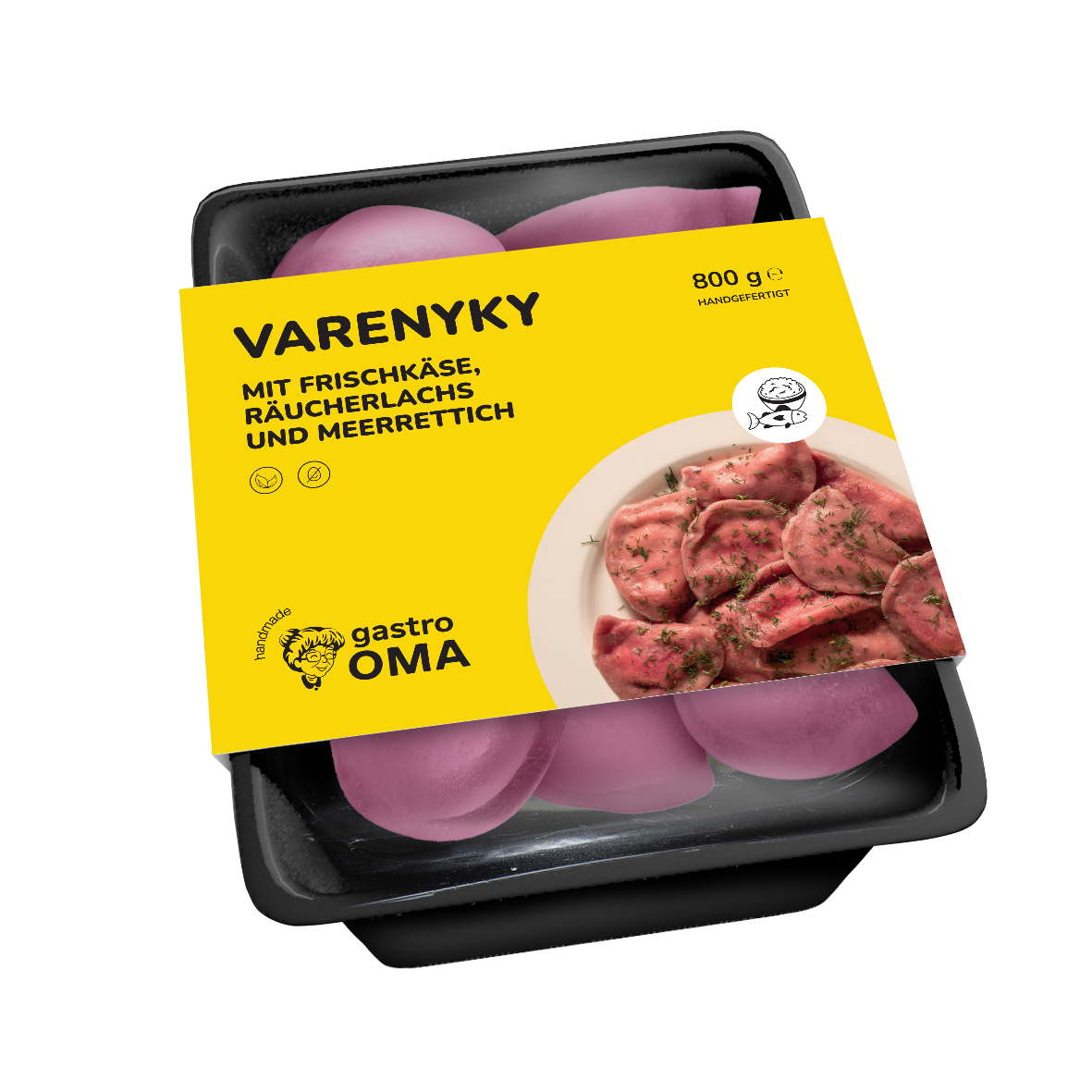 Rote Beete Varenyky mit Frischkäse, Räucherlachs und Meerrettich